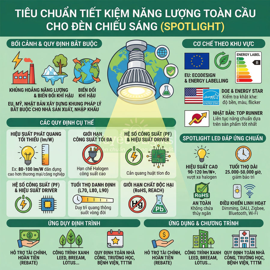 Tiêu chuẩn tiết kiệm năng lượng toàn cầu cho đèn chiếu sáng spotlight LED và các lợi ích chính