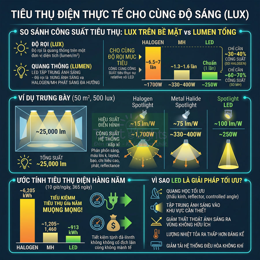 Infographic so sánh tiêu thụ điện và hiệu suất chiếu sáng giữa đèn halogen, metal halide và đèn LED