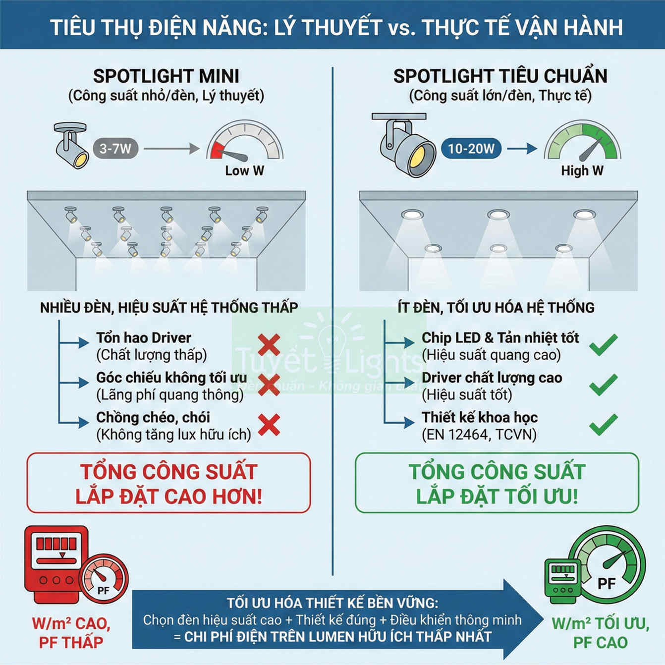 So sánh tiêu thụ điện spotlight mini và spotlight tiêu chuẩn của Tuyết Lights, tối ưu tổng công suất lắp đặt