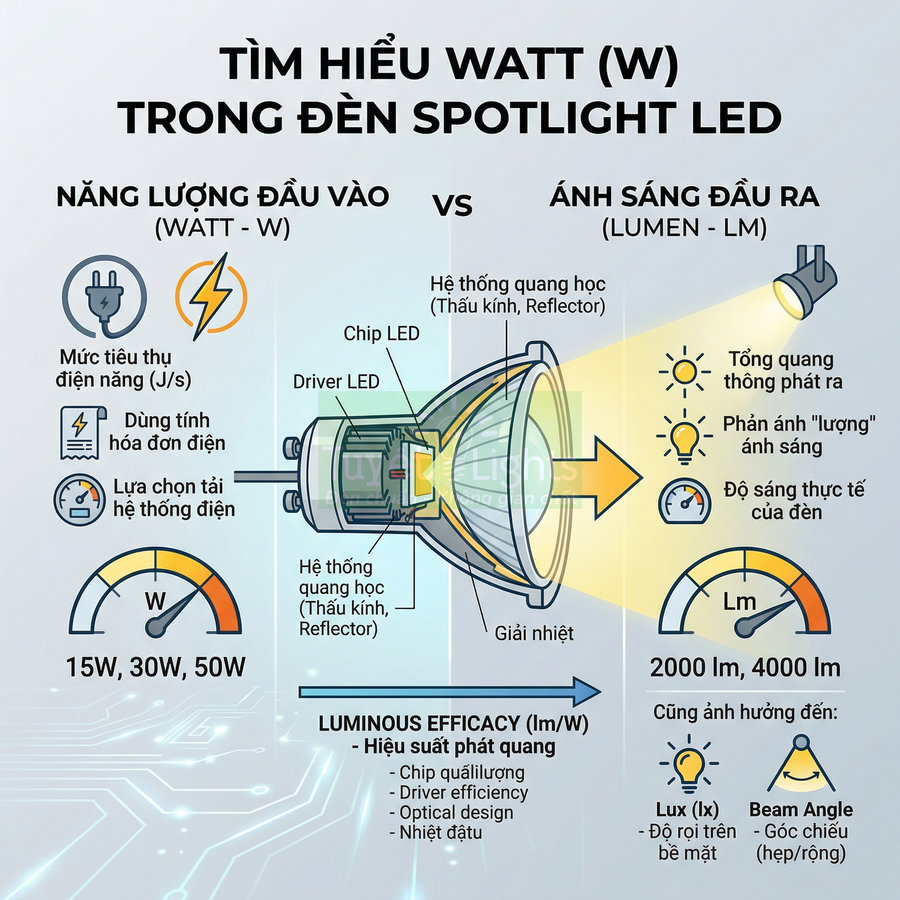 Infographic cấu tạo và nguyên lý hoạt động đèn spotlight LED, so sánh công suất watt và độ sáng lumen