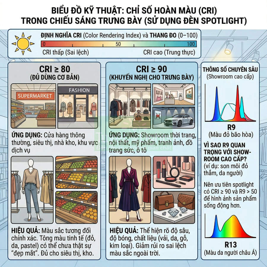 Biểu đồ kỹ thuật chỉ số hoàn màu CRI cho chiếu sáng trưng bày bằng đèn spotlight trong siêu thị và showroom