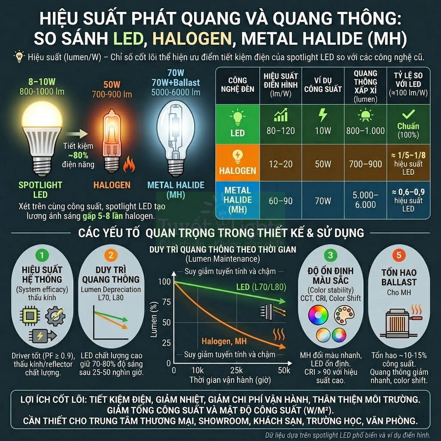Infographic so sánh hiệu suất chiếu sáng và tiết kiệm điện giữa đèn LED, halogen và metal halide
