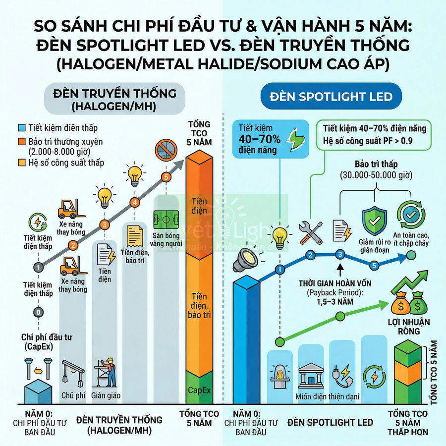 So sánh chi phí đầu tư và vận hành đèn spotlight LED với đèn truyền thống halogen trong 5 năm
