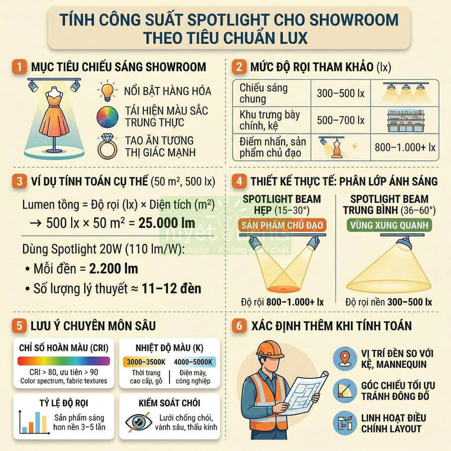Hướng dẫn tính công suất đèn spotlight cho showroom theo tiêu chuẩn lux, phân lớp ánh sáng và lưu ý chuyên môn