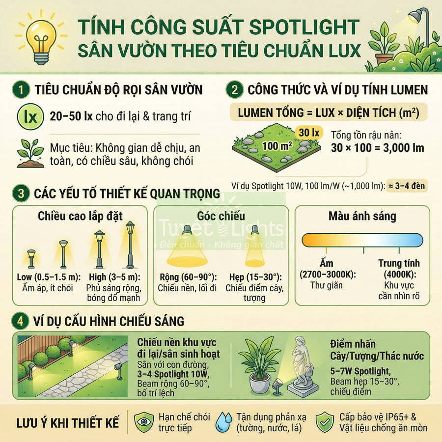Infographic hướng dẫn tính công suất đèn spotlight sân vườn theo tiêu chuẩn lux và cách bố trí chiếu sáng ngoài trời