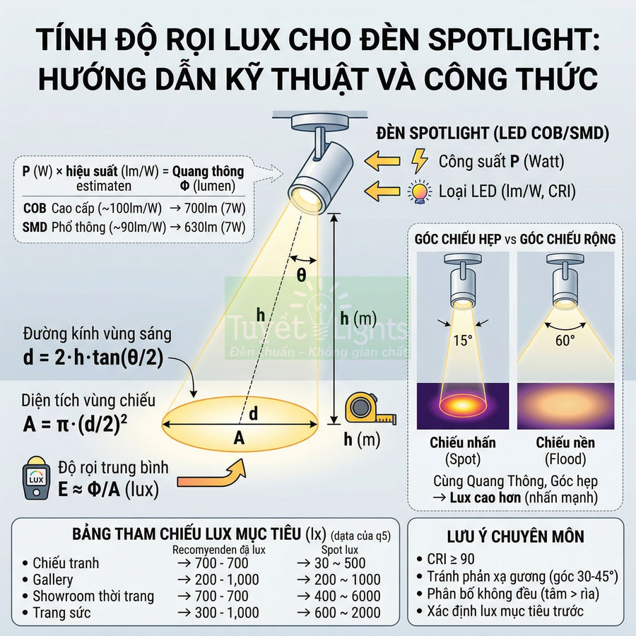 Hướng dẫn tính độ rọi lux cho đèn spotlight LED COB SMD với công thức, góc chiếu và bảng tham chiếu chiếu sáng