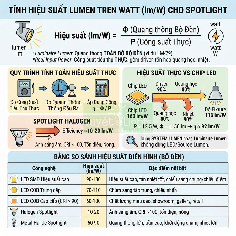 Bảng hướng dẫn tính hiệu suất lumen trên watt cho spotlight và so sánh hiệu suất các loại đèn LED, halogen, metal halide
