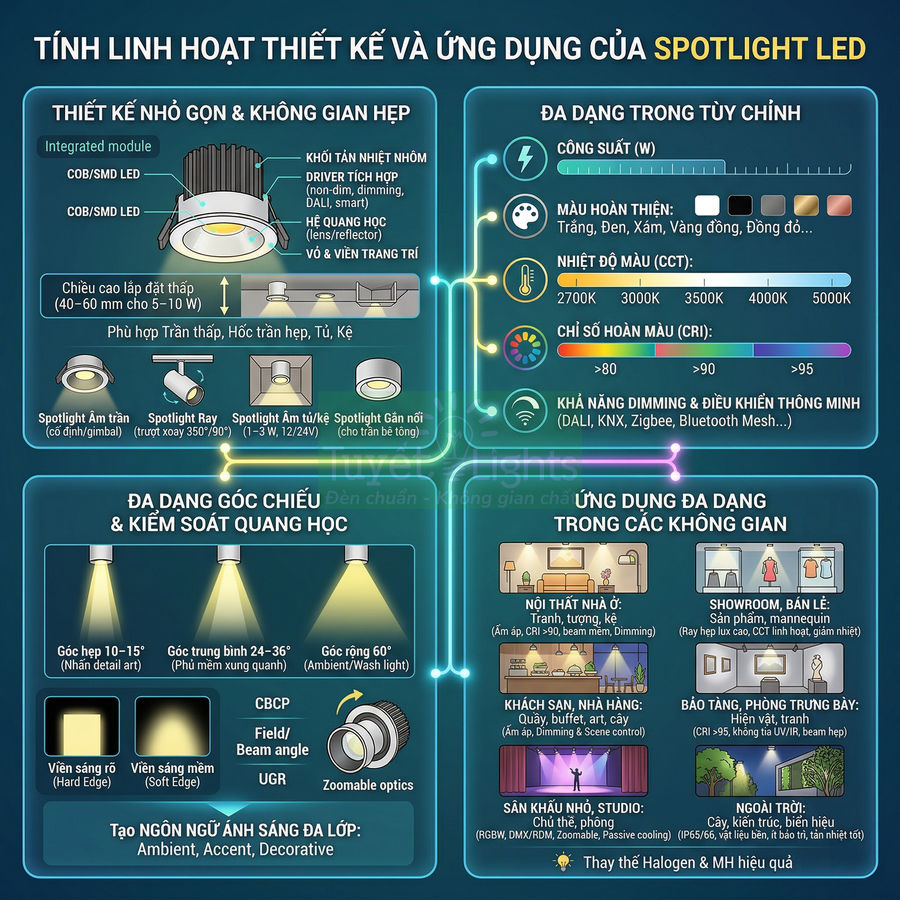 Infographic giới thiệu tính linh hoạt thiết kế, góc chiếu và ứng dụng chiếu sáng của đèn spotlight LED