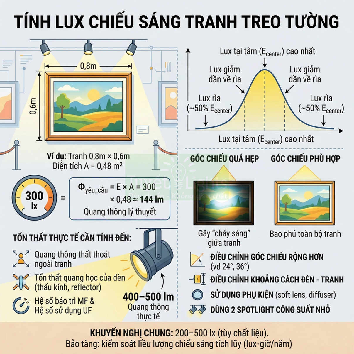 Hướng dẫn tính lux chiếu sáng tranh treo tường với ví dụ tranh phong cảnh và đèn spotlight chiếu từ trên