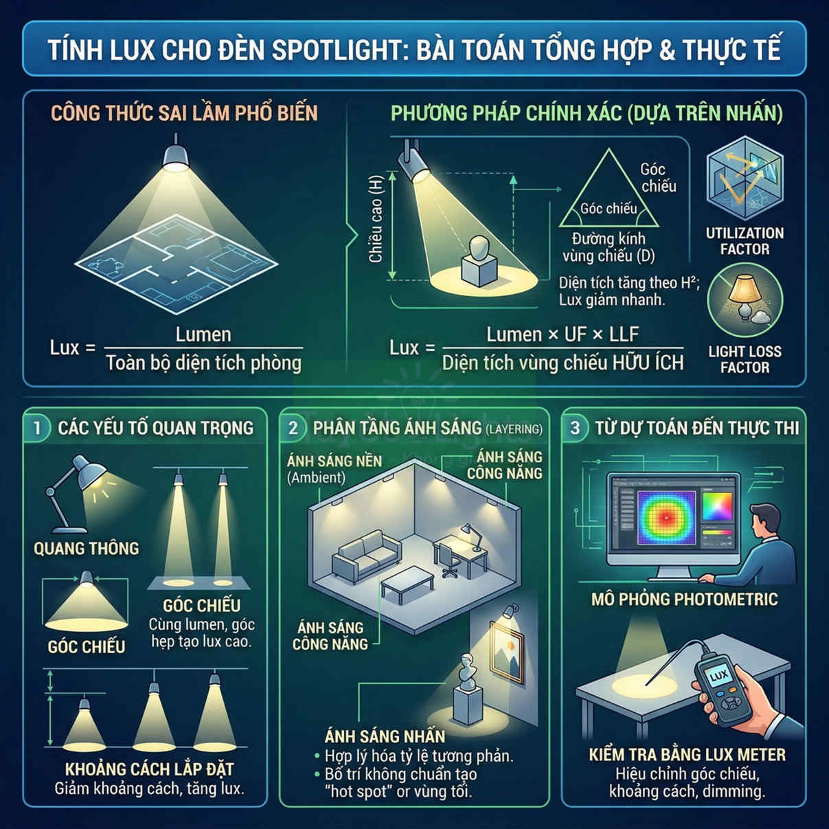Tính lux cho đèn spotlight dựa trên diện tích chiếu sáng
