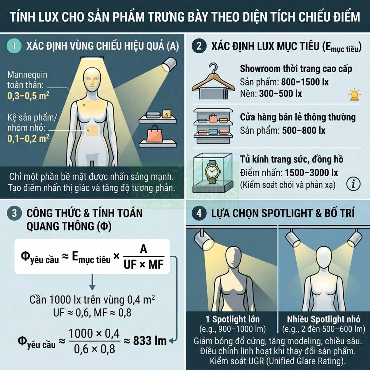 Infographic hướng dẫn tính lux và chọn đèn spotlight chiếu điểm cho sản phẩm trưng bày showroom
