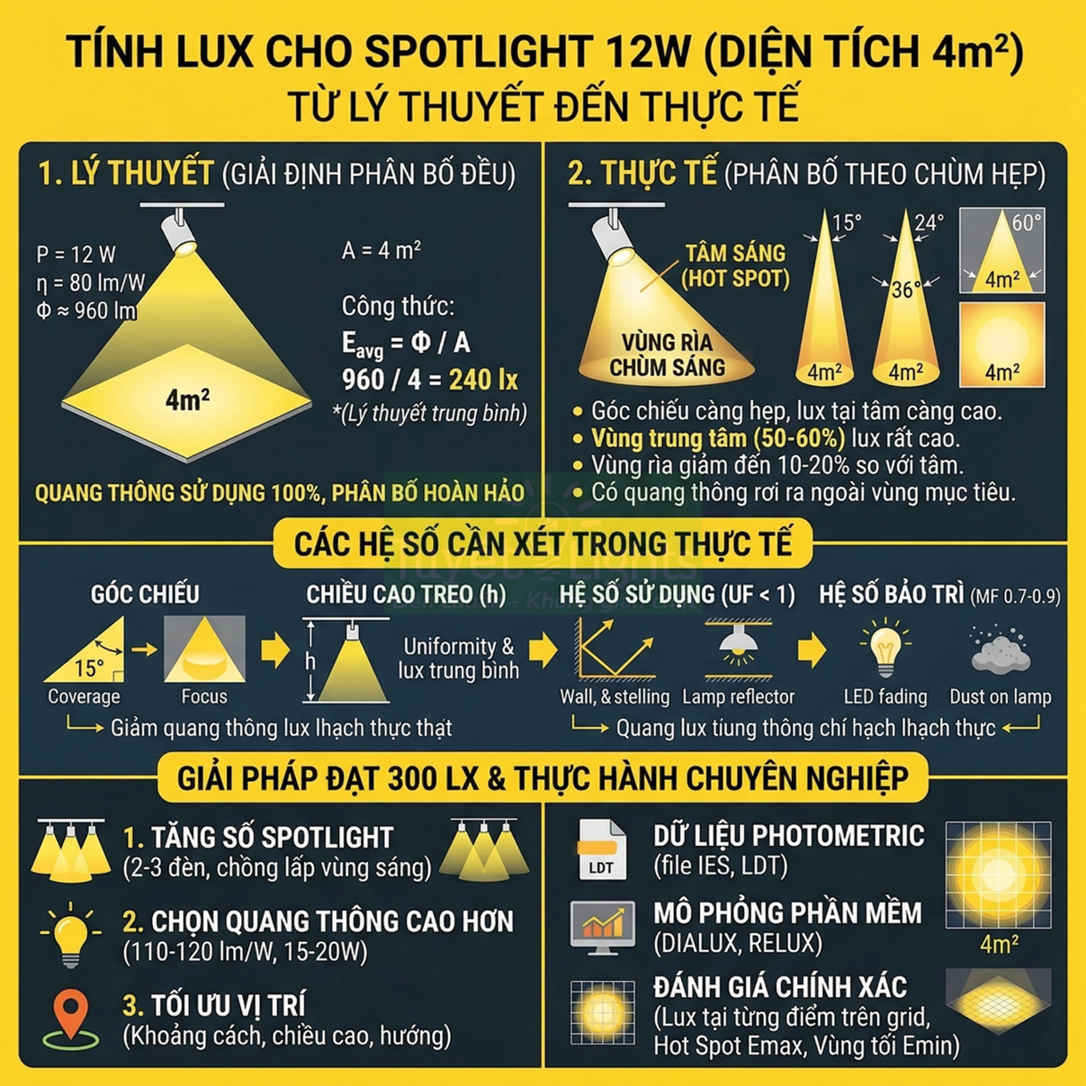 Infographic hướng dẫn tính lux cho đèn spotlight 12W chiếu sáng diện tích 4m2 và các giải pháp đạt 300 lux