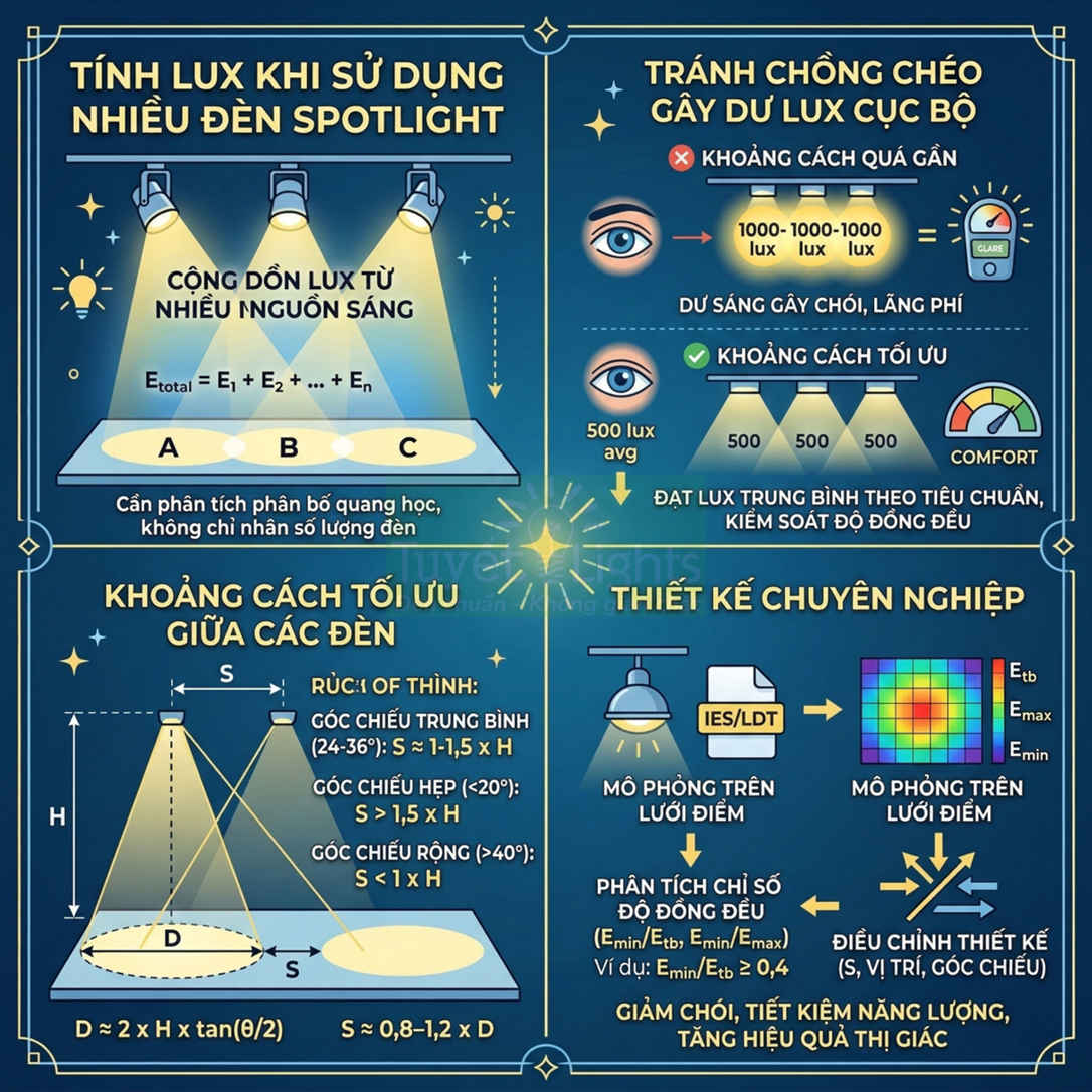 Hướng dẫn tính lux và bố trí nhiều đèn spotlight để đạt độ sáng đồng đều, tránh chói và tiết kiệm năng lượng