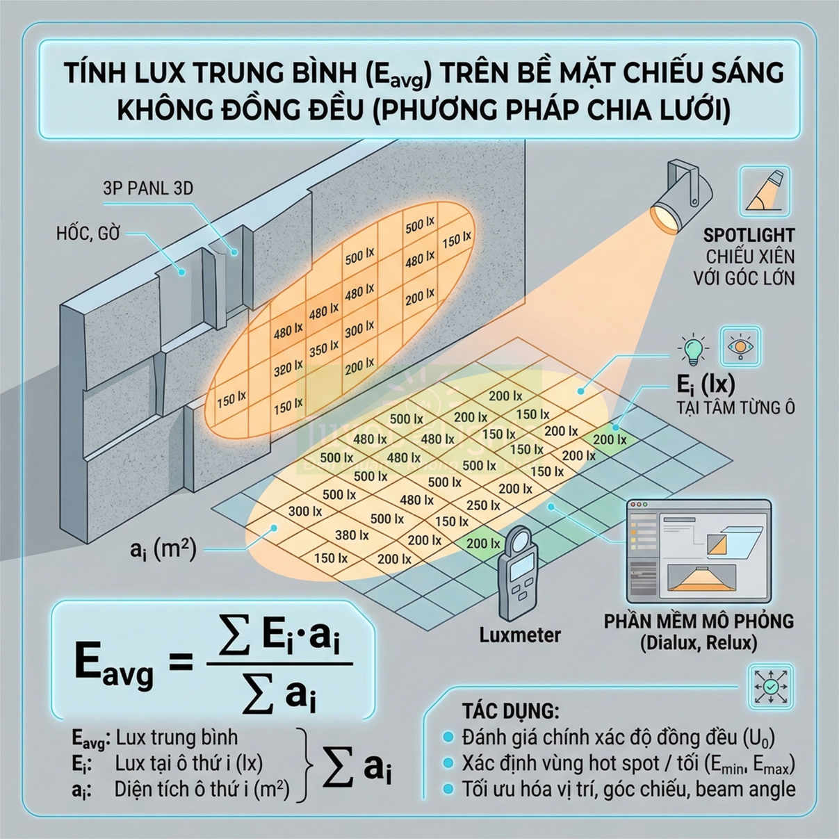 Minh họa cách tính lux trung bình trên bề mặt chiếu sáng không đồng đều bằng phương pháp chia lưới