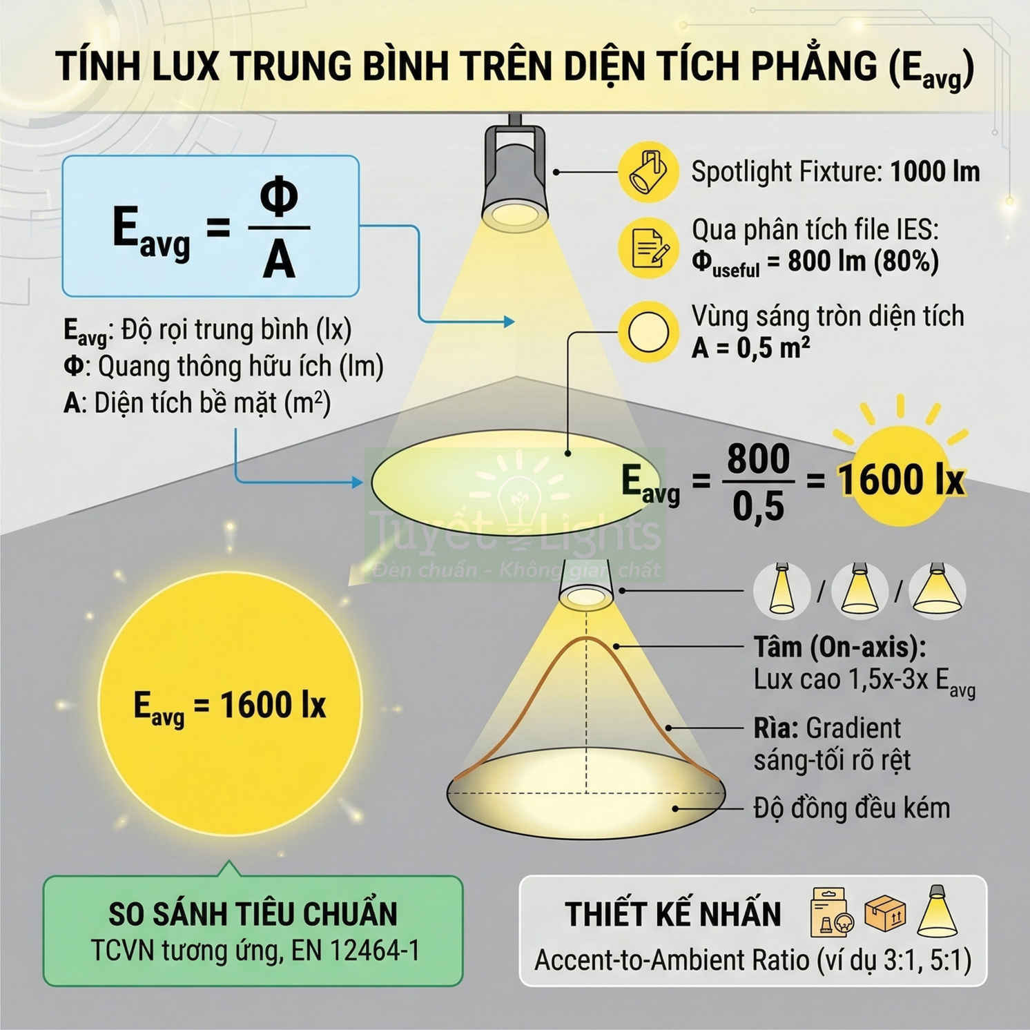 Infographic hướng dẫn tính độ rọi trung bình Eavg cho đèn spotlight chiếu sáng bề mặt phẳng