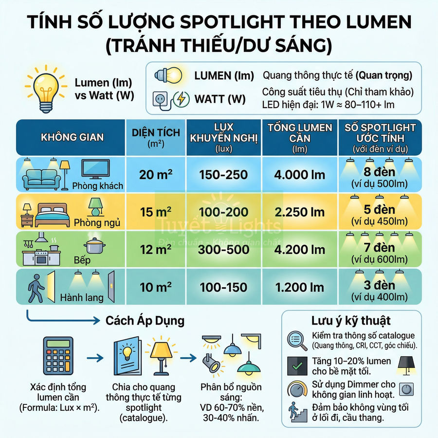 Bảng hướng dẫn tính số lượng đèn spotlight theo lumen cho phòng khách, phòng ngủ, bếp và hành lang