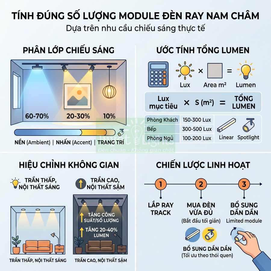 Infographic hướng dẫn tính số lượng module đèn ray nam châm cho phòng khách, bếp, phòng ngủ