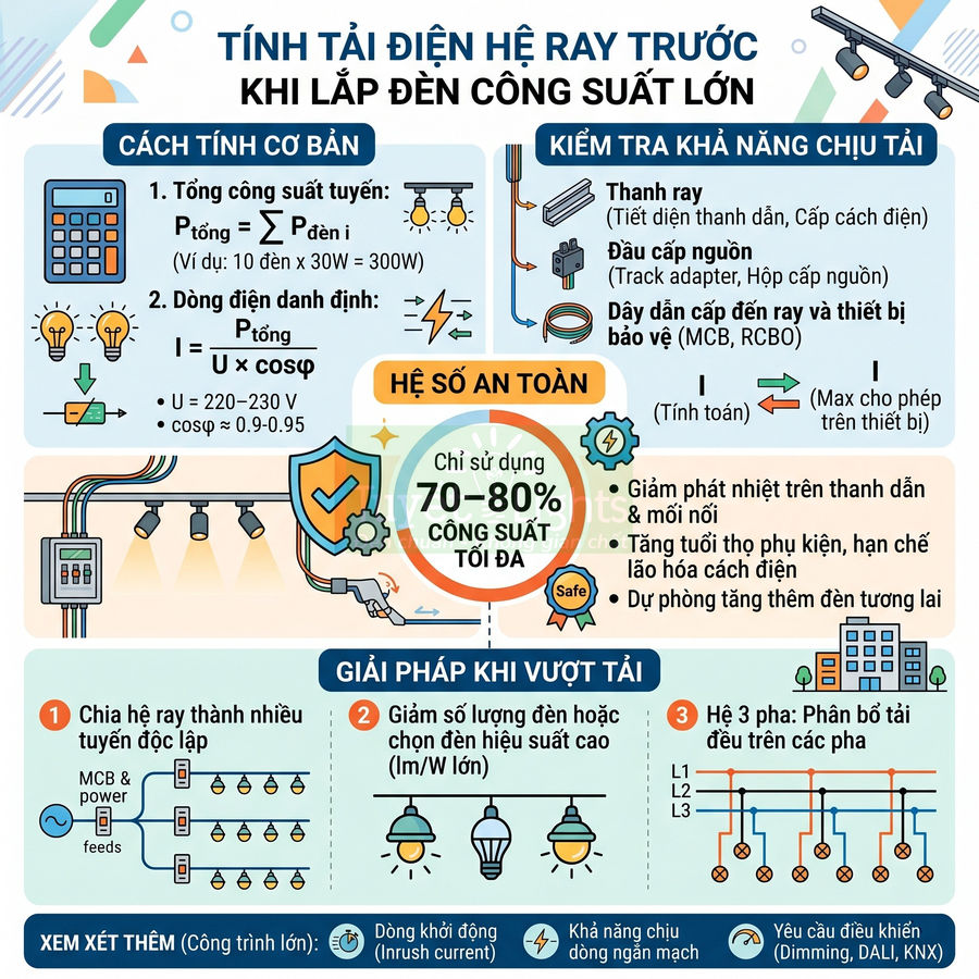 Infographic hướng dẫn tính tải điện cho hệ ray khi lắp đèn công suất lớn và giải pháp chống quá tải