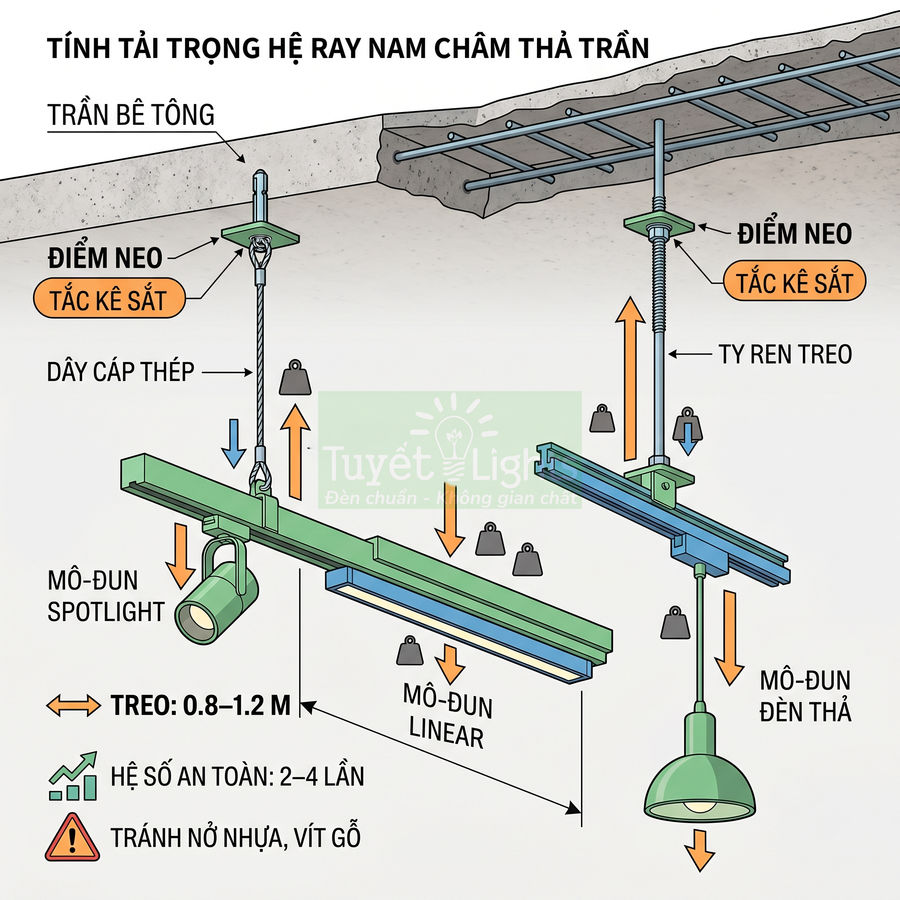 Sơ đồ hệ ray nam châm thả trần Tuyết Light với mô đun spotlight, linear và đèn thả treo bằng ty ren, cáp thép