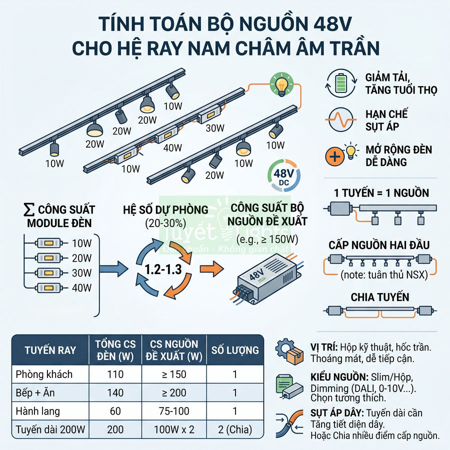 Hướng dẫn tính toán công suất bộ nguồn 48V cho hệ ray nam châm âm trần chiếu sáng trong nhà