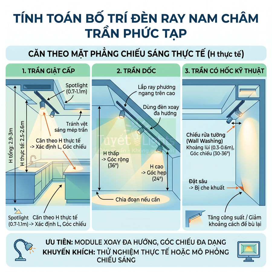 Hướng dẫn bố trí đèn ray nam châm cho trần giật cấp, trần dốc và trần có hốc kỹ thuật
