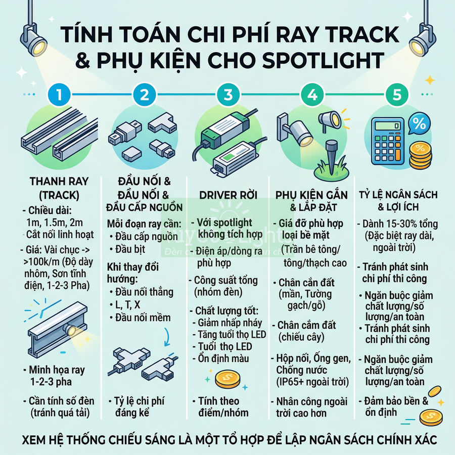 Hướng dẫn tính chi phí ray track và phụ kiện cho đèn spotlight, gồm thanh ray, đầu nối, driver rời và phụ kiện lắp đặt