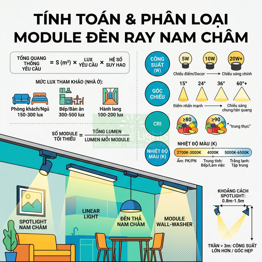 Hướng dẫn tính toán và phân loại module đèn ray nam châm cho phòng khách, bếp, hành lang trong nhà