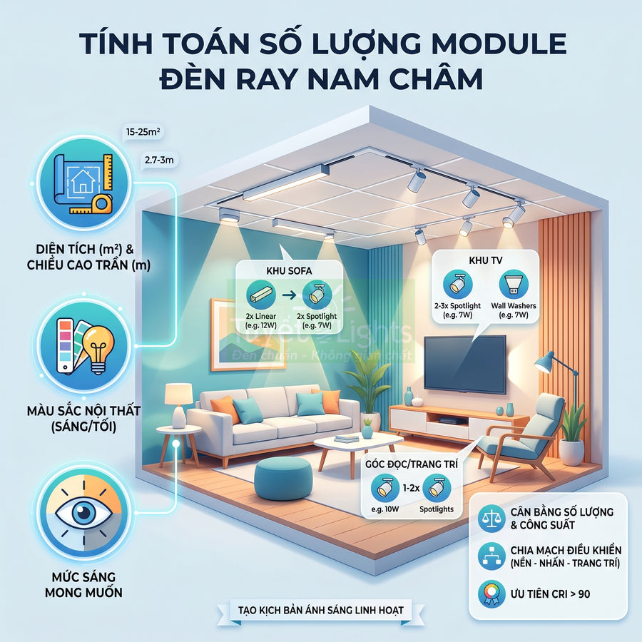Phòng khách hiện đại sử dụng hệ thống đèn ray nam châm chiếu sáng khu sofa, TV và góc đọc sách