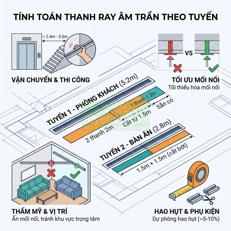 Hướng dẫn tính toán và lắp đặt thanh ray âm trần cho phòng khách và bàn ăn, tối ưu mối nối và vị trí thẩm mỹ