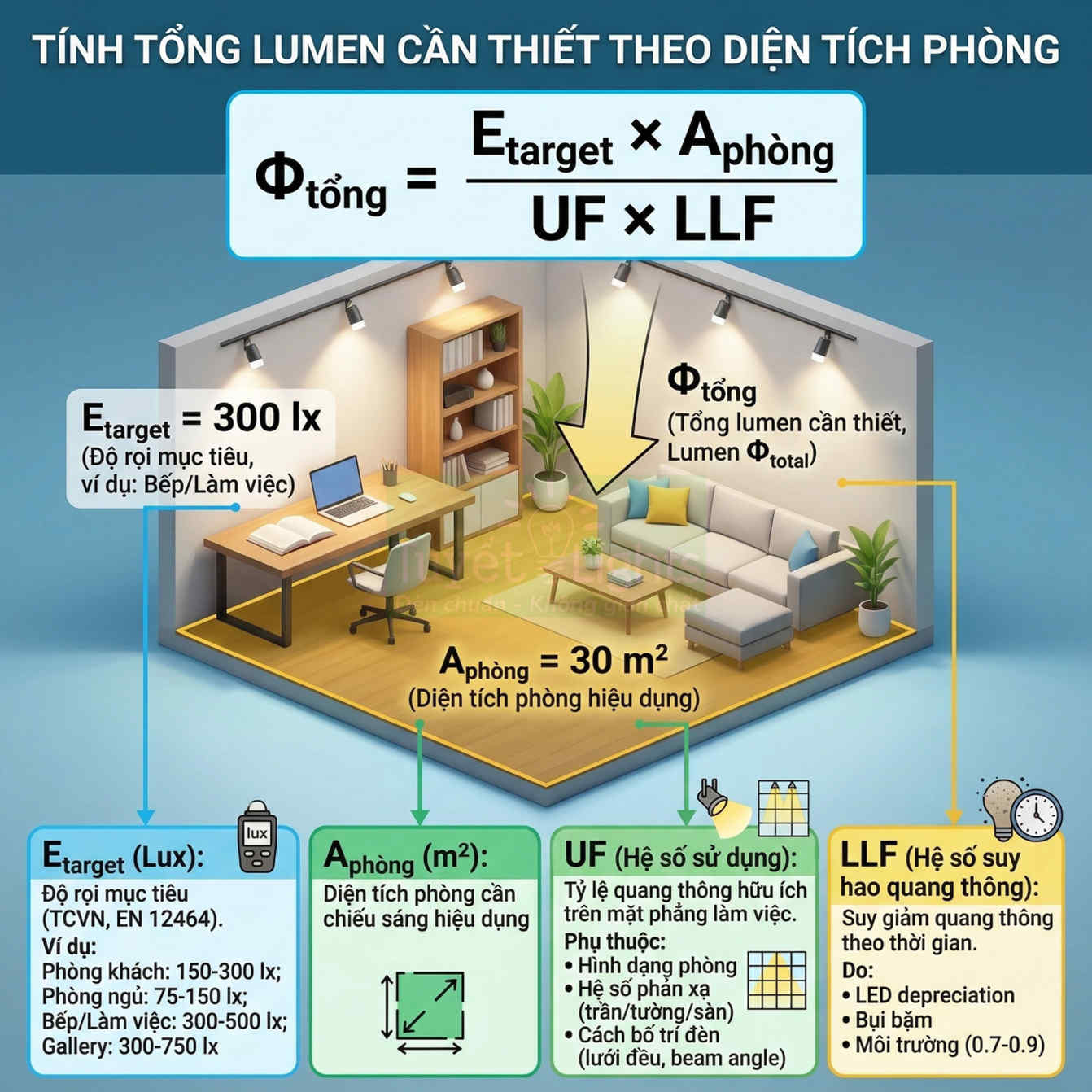 Công thức tính tổng lumen cần thiết theo diện tích phòng với minh họa phòng khách và bàn làm việc được chiếu sáng