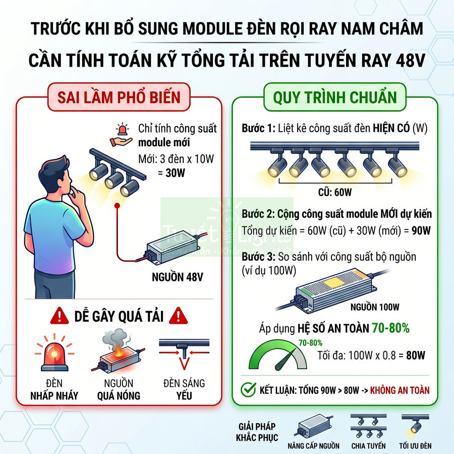 Hướng dẫn tính tổng tải cho hệ thống đèn rọi ray nam châm 48V để tránh quá tải nguồn điện