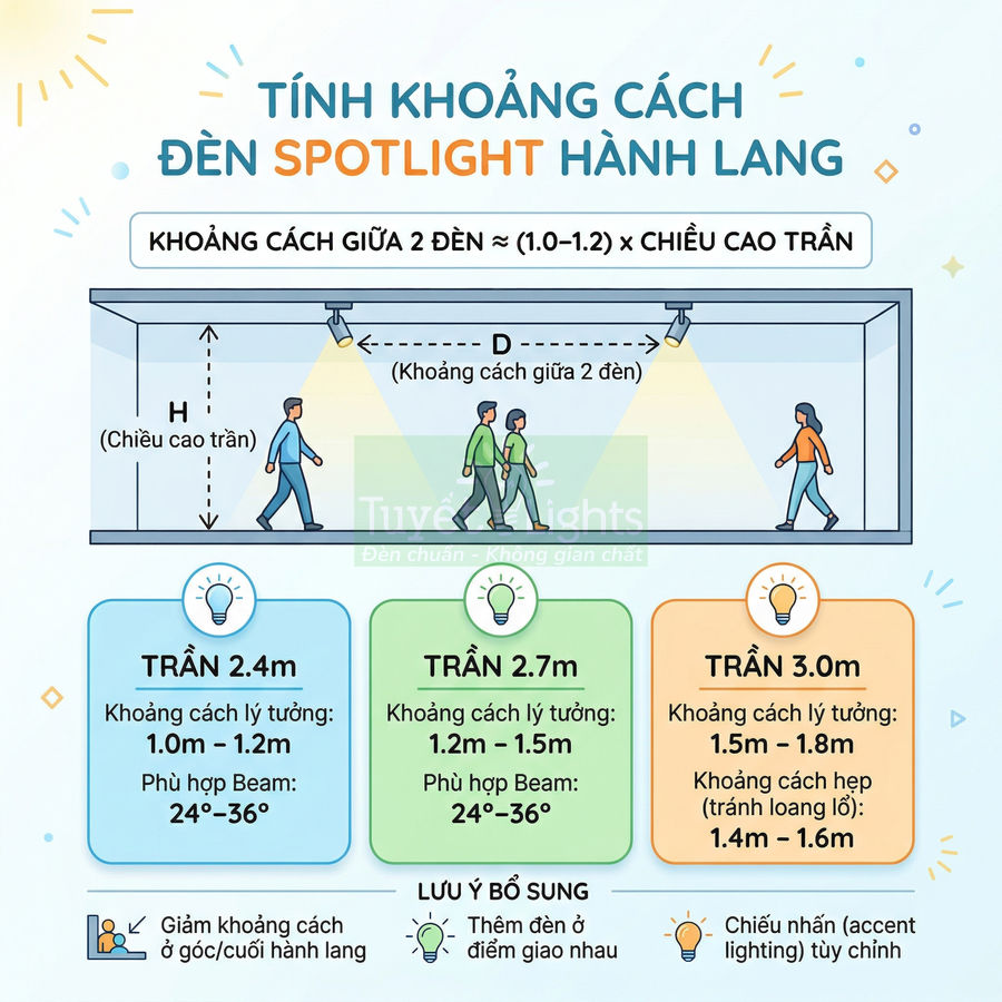 Hướng dẫn tính khoảng cách lắp đèn spotlight hành lang theo chiều cao trần và góc chiếu phù hợp