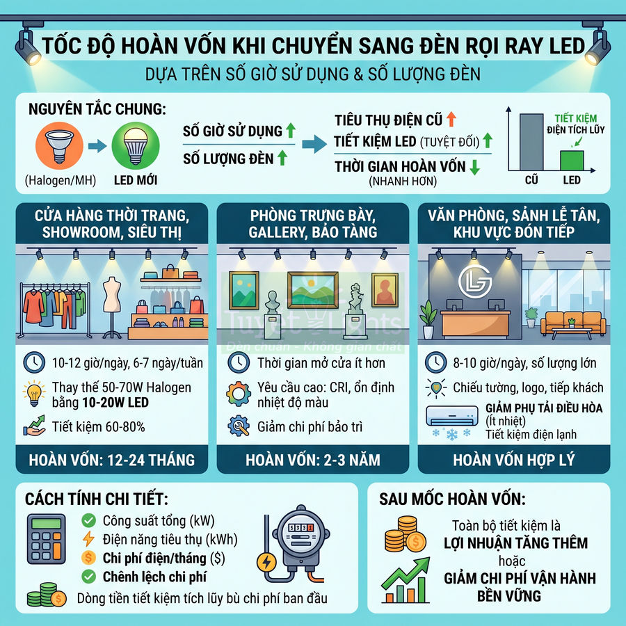 Infographic hướng dẫn tính thời gian hoàn vốn khi chuyển sang sử dụng đèn rọi ray LED tiết kiệm điện