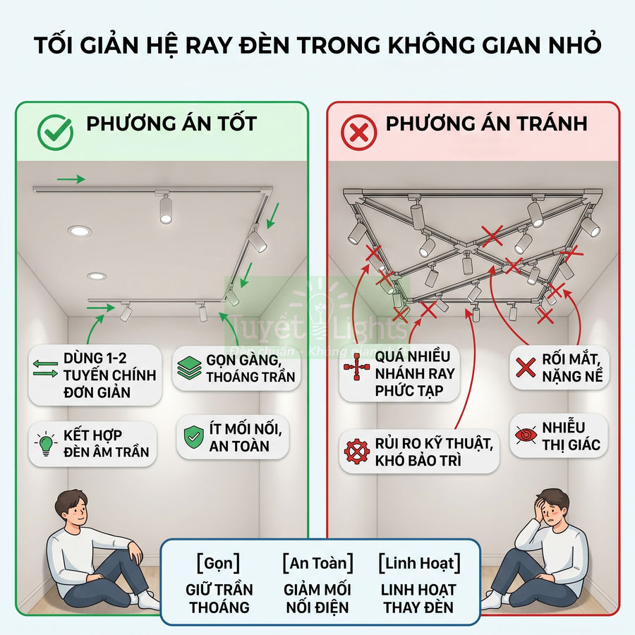 So sánh hai cách lắp hệ ray đèn trần cho không gian nhỏ, nhấn mạnh phương án tối giản gọn gàng an toàn