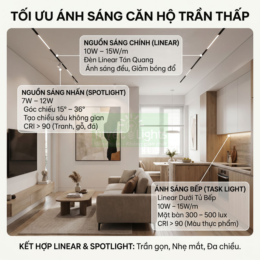 Thiết kế chiếu sáng căn hộ trần thấp với đèn linear âm trần và spotlight nhấn cho phòng khách và bếp