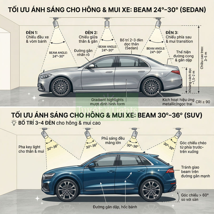Sơ đồ bố trí đèn chiếu sáng tối ưu cho thân và mui xe sedan và SUV trong gara trưng bày ô tô
