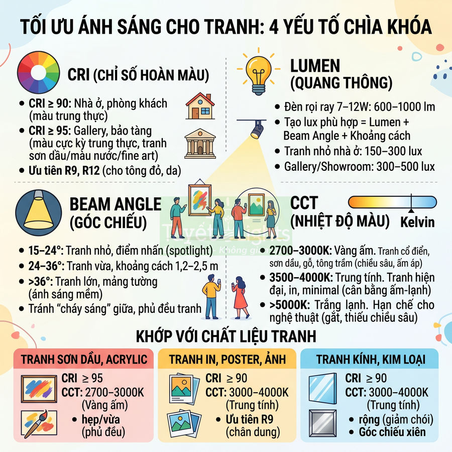 Infographic hướng dẫn tối ưu ánh sáng đèn LED chiếu tranh với các chỉ số CRI, lumen, góc chiếu và nhiệt độ màu