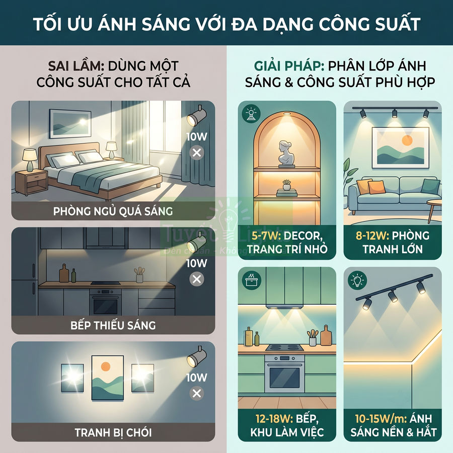 Minh họa cách chọn công suất đèn LED khác nhau cho phòng ngủ, bếp, tranh treo tường và ánh sáng trang trí trong nhà