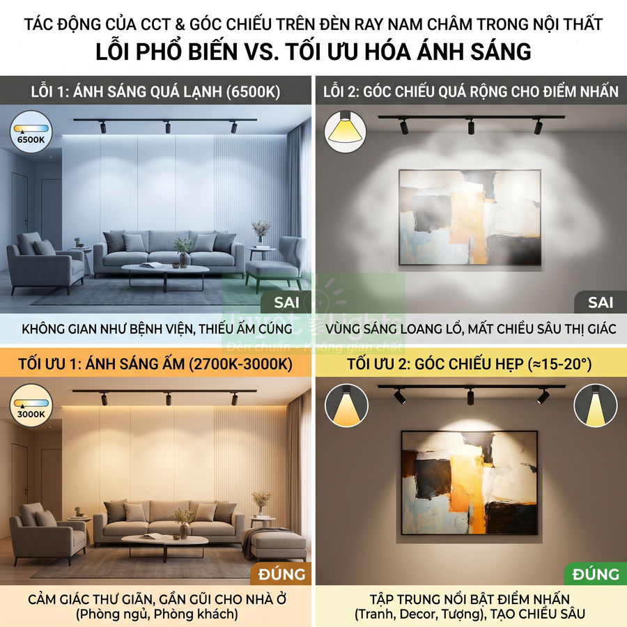 So sánh sai lầm và cách tối ưu dùng đèn ray nam châm chiếu sáng phòng khách và tranh treo tường