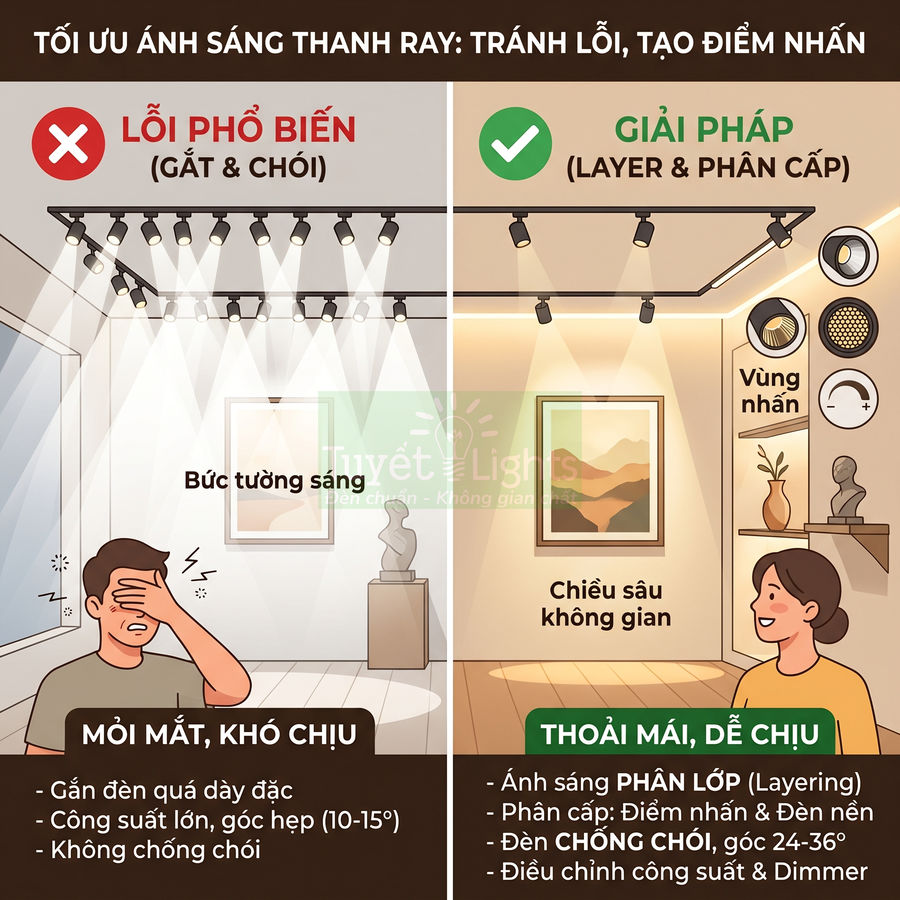 So sánh cách bố trí đèn rọi thanh ray chống chói và sai lầm gây chói mắt trong phòng trưng bày