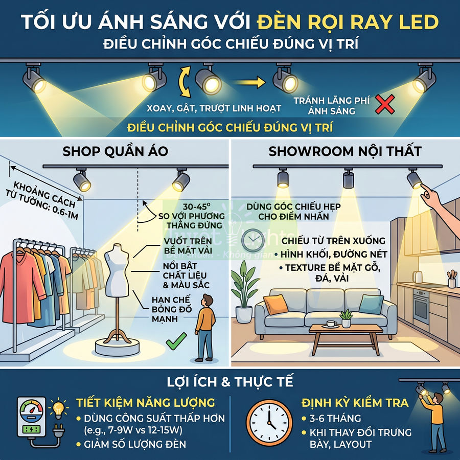 Đèn rọi ray LED chiếu sáng shop quần áo và showroom nội thất, điều chỉnh góc chiếu linh hoạt tối ưu trưng bày sản phẩm