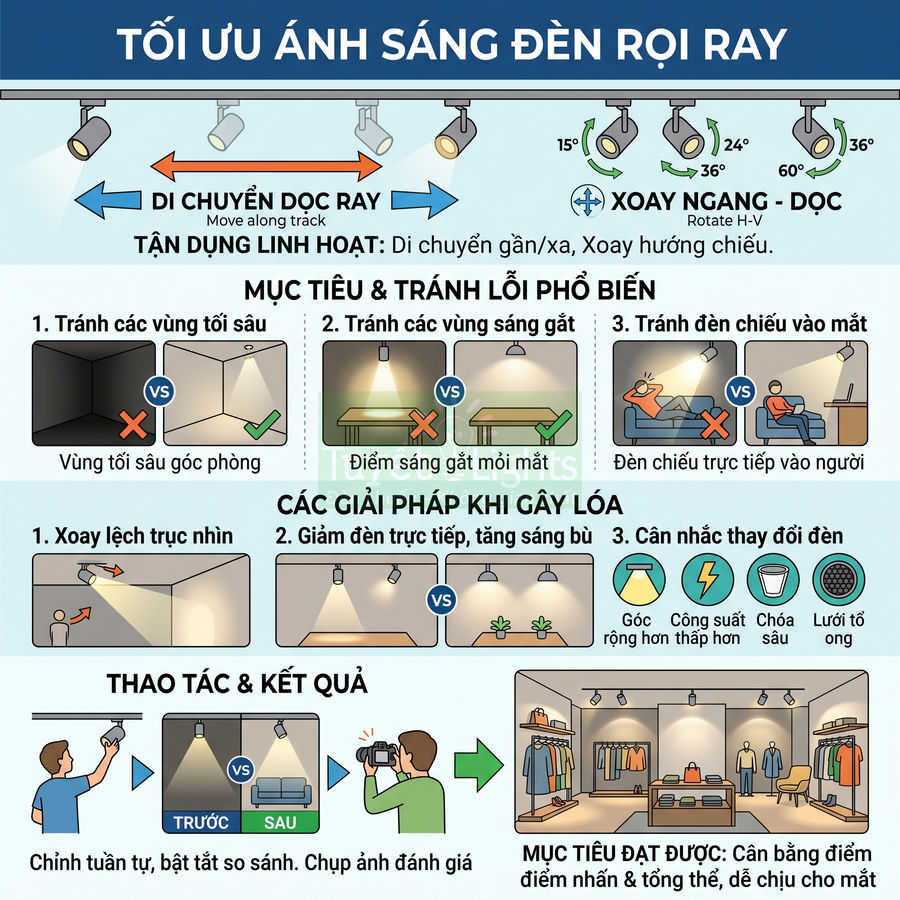 Hướng dẫn tối ưu ánh sáng đèn rọi ray cho cửa hàng thời trang, tránh chói lóa và phân bổ sáng đồng đều
