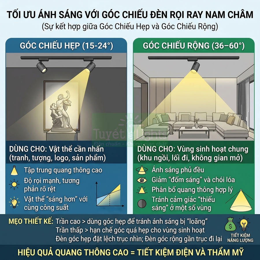 So sánh góc chiếu hẹp và góc chiếu rộng của đèn rọi ray nam châm trong trang trí nội thất