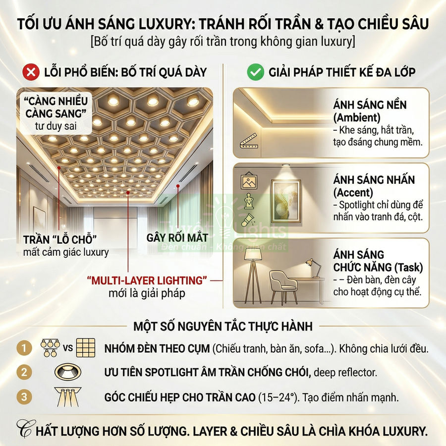 Hướng dẫn bố trí đèn trần luxury với thiết kế đa lớp, spotlight âm trần và ánh sáng nhấn cho phòng khách cao cấp