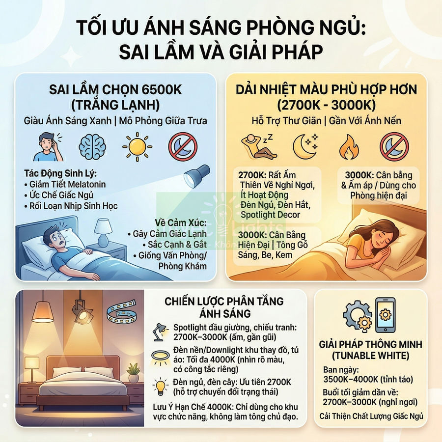 Infographic tối ưu ánh sáng phòng ngủ với so sánh nhiệt độ màu, chiến lược bố trí đèn và giải pháp đèn thông minh