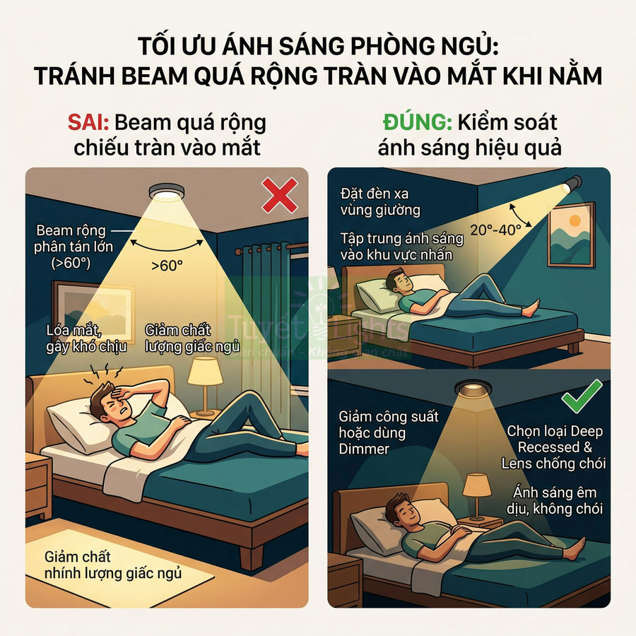 Minh họa so sánh cách bố trí đèn trần phòng ngủ sai và đúng để tránh ánh sáng chiếu thẳng vào mắt khi nằm