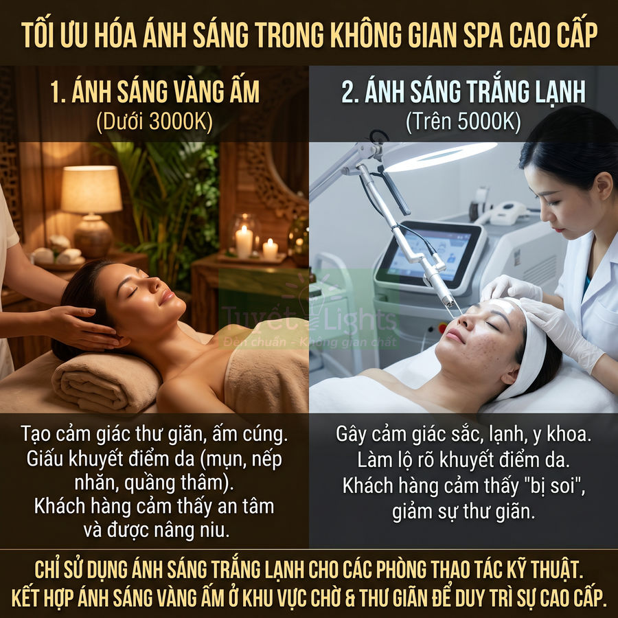 So sánh ánh sáng vàng ấm và ánh sáng trắng lạnh trong phòng spa cao cấp khi chăm sóc da mặt khách hàng