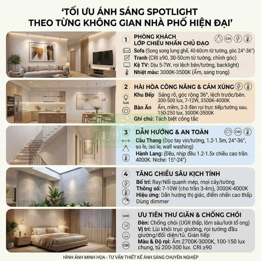 Infographic tối ưu ánh sáng đèn spotlight cho phòng khách, bếp, cầu thang, giếng trời và phòng ngủ nhà phố hiện đại