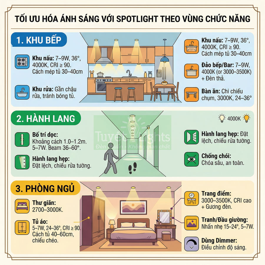 Infographic hướng dẫn tối ưu ánh sáng đèn spotlight cho khu bếp, hành lang và phòng ngủ trong nhà