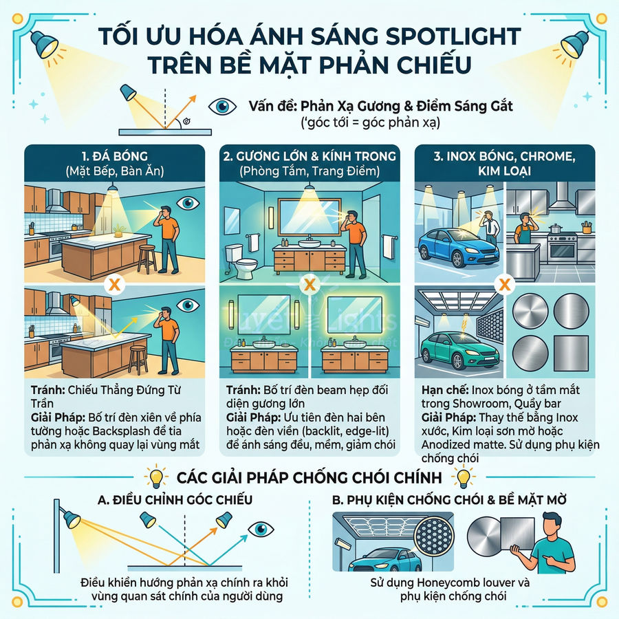 Hướng dẫn tối ưu ánh sáng đèn spotlight chống chói trên bề mặt đá bóng, gương lớn và inox trong nhà ở và showroom